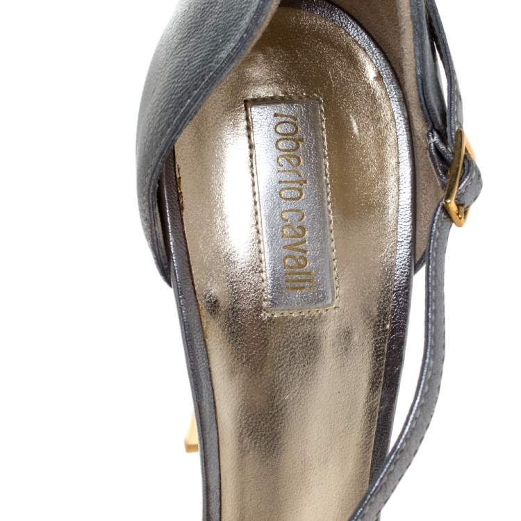 Pre Owned Roberto Cavalli Metallic Grey Leather Ankle Strap Platform Sandals Size 40