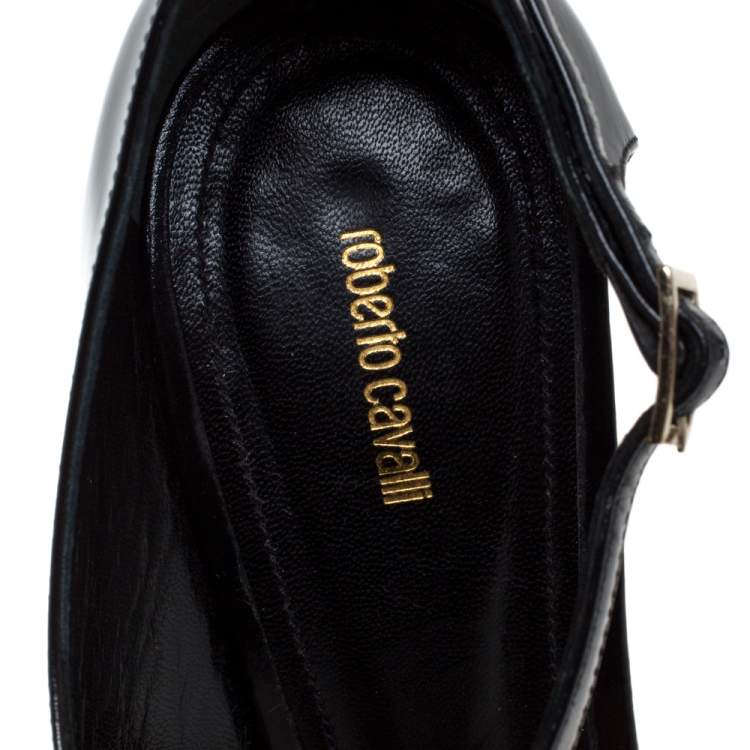 Pre Owned Roberto Cavalli Black Patent Leather Peep Toe Ankle Strap Sandals Size 37