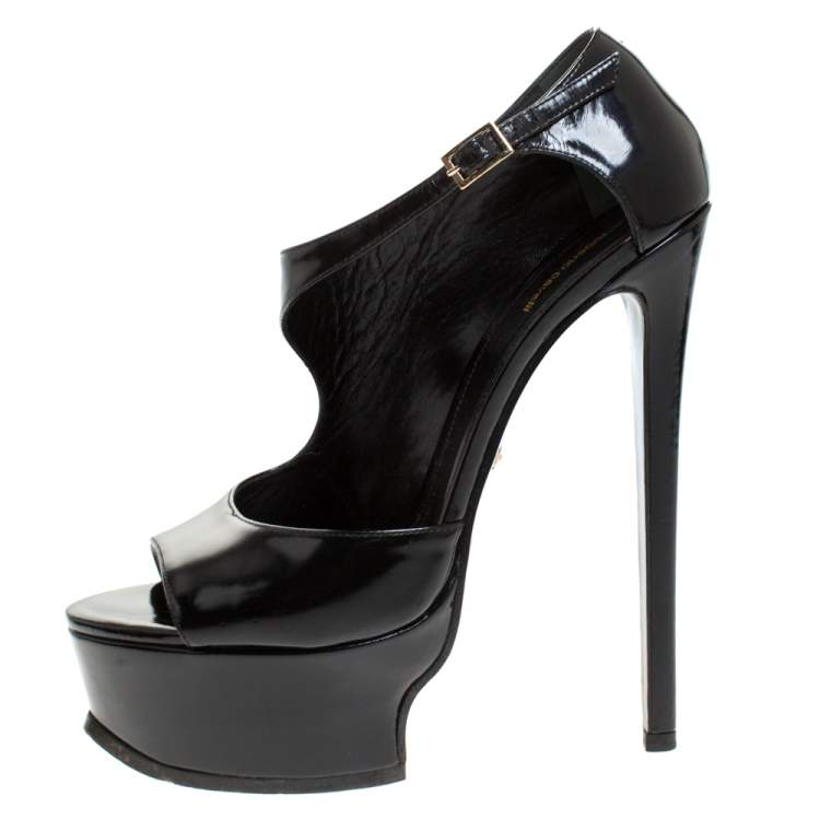 Pre Owned Roberto Cavalli Black Patent Leather Peep Toe Ankle Strap Sandals Size 37