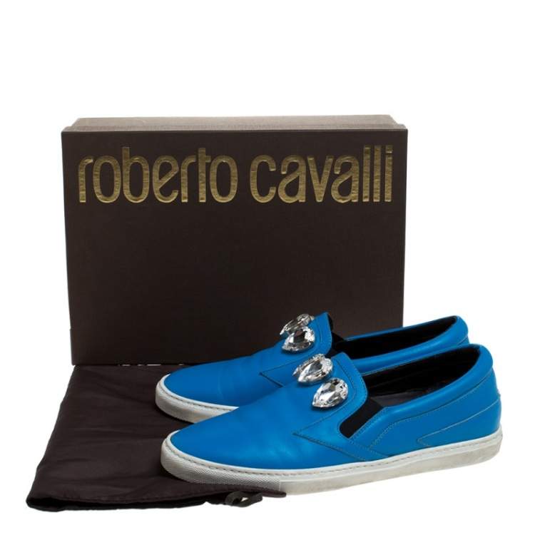 Pre Owned Roberto Cavalli Blue Leather Crystal Embellished Slip On Sneakers Size 38