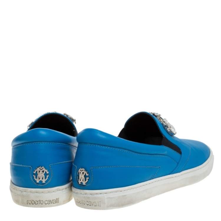 Pre Owned Roberto Cavalli Blue Leather Crystal Embellished Slip On Sneakers Size 38