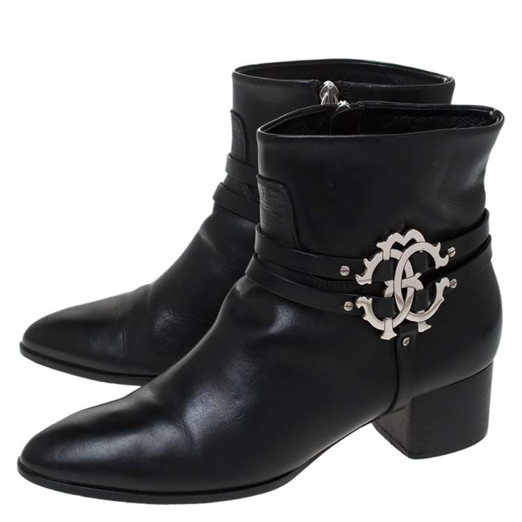 Pre Owned Roberto Cavalli Black Leather Logo Ankle Boots Size 40