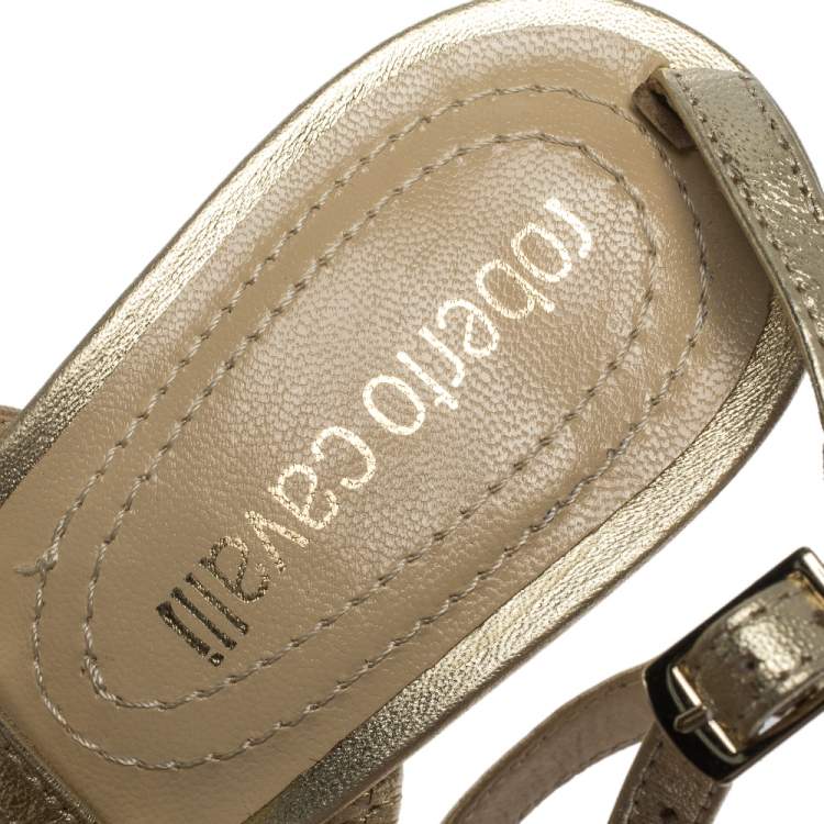Pre Owned Roberto Cavalli Metallic Leather And Snake Detail Strappy Sandals Size 37.5