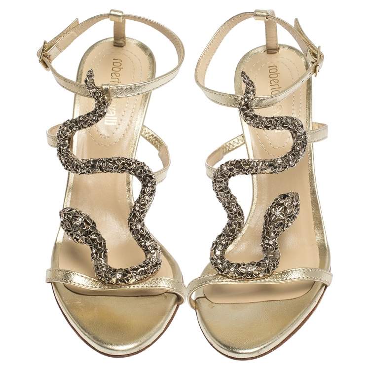 Pre Owned Roberto Cavalli Metallic Leather And Snake Detail Strappy Sandals Size 37.5