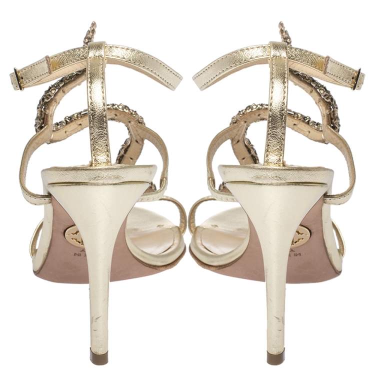 Pre Owned Roberto Cavalli Metallic Leather And Snake Detail Strappy Sandals Size 37.5