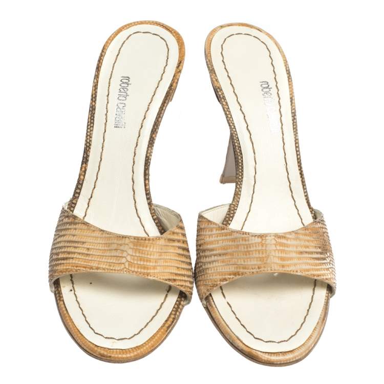Pre Owned Roberto Cavalli Beige Lizard Embossed Leather Open Toe Sandals Size 36.5