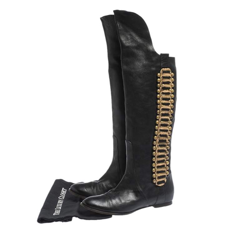 Pre Owned Roberto Cavalli Black Leather Metal Embellsihed Knee Length Boots Size 38