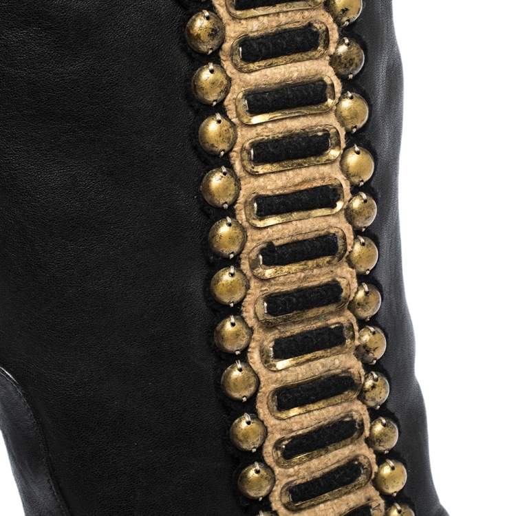 Pre Owned Roberto Cavalli Black Leather Metal Embellsihed Knee Length Boots Size 38