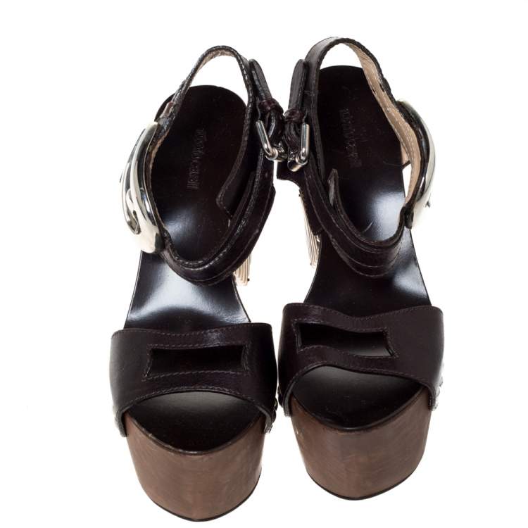 Pre Owned Roberto Cavalli Brown Leather Embellished Buckle Detail Platform Wedge Sandals Size 37