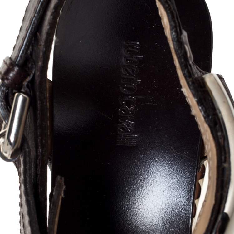 Pre Owned Roberto Cavalli Brown Leather Embellished Buckle Detail Platform Wedge Sandals Size 37