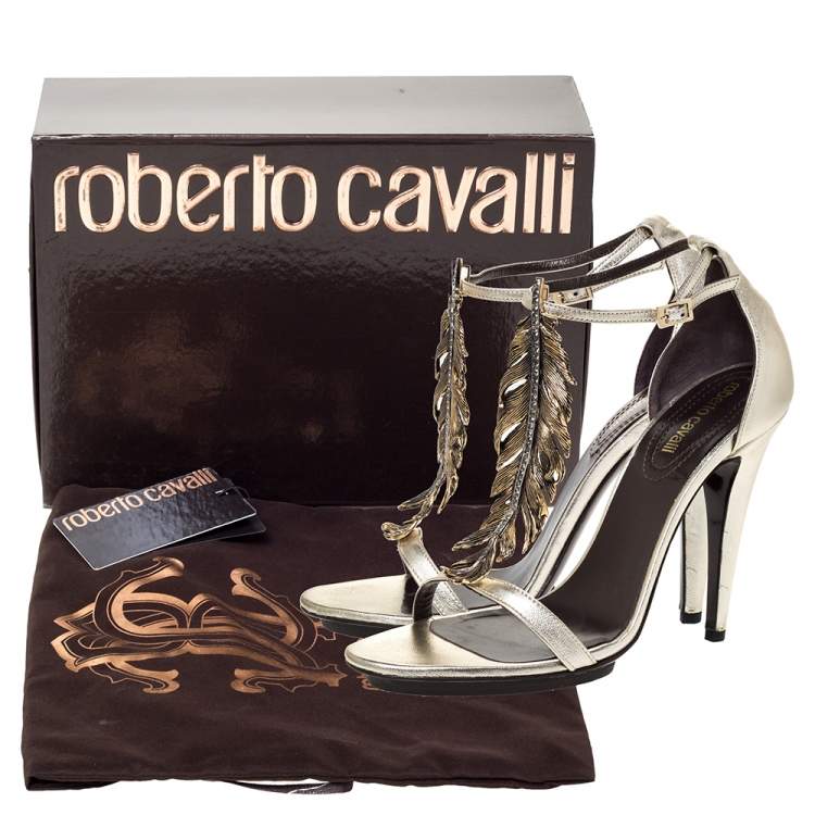 Pre Owned Roberto Cavalli Metallic Gold Leather Metal Flower Embellished Ankle Strap Sandals Size 38.5