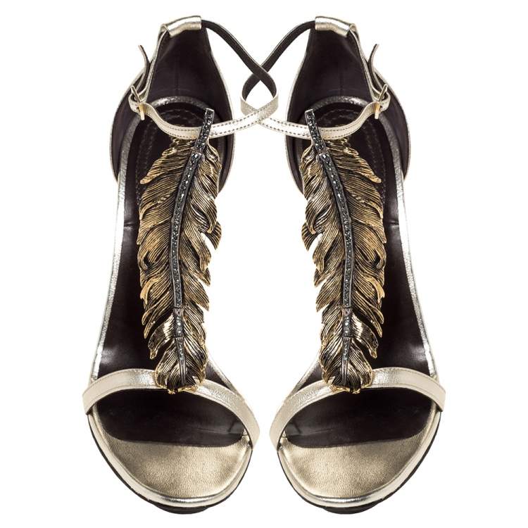 Pre Owned Roberto Cavalli Metallic Gold Leather Metal Flower Embellished Ankle Strap Sandals Size 38.5