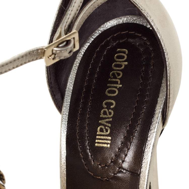Pre Owned Roberto Cavalli Metallic Gold Leather Metal Flower Embellished Ankle Strap Sandals Size 38.5
