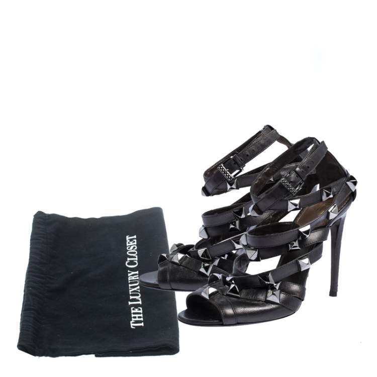 Pre Owned Roberto Cavalli Metallic Bronze Leather Studded Strappy Sandals Size 38