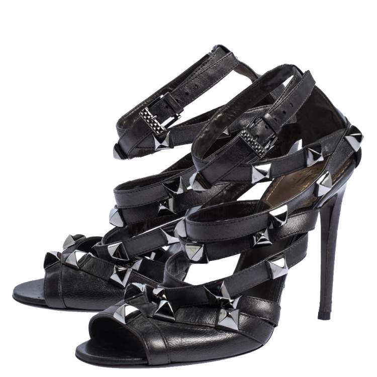 Pre Owned Roberto Cavalli Metallic Bronze Leather Studded Strappy Sandals Size 38