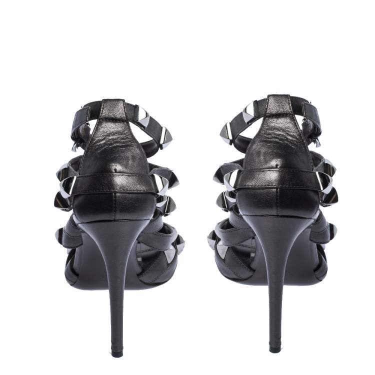 Pre Owned Roberto Cavalli Metallic Bronze Leather Studded Strappy Sandals Size 38