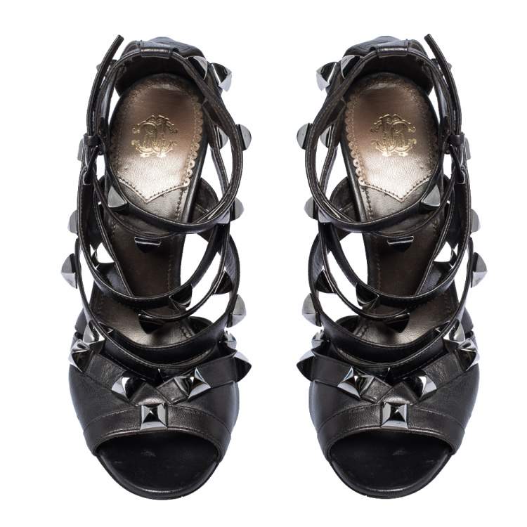 Pre Owned Roberto Cavalli Metallic Bronze Leather Studded Strappy Sandals Size 38