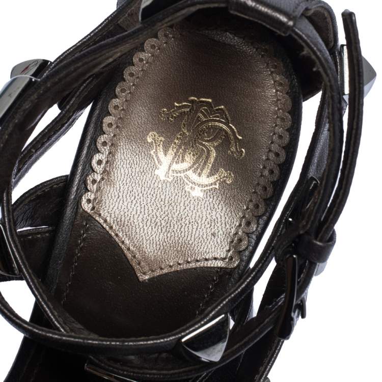 Pre Owned Roberto Cavalli Metallic Bronze Leather Studded Strappy Sandals Size 38