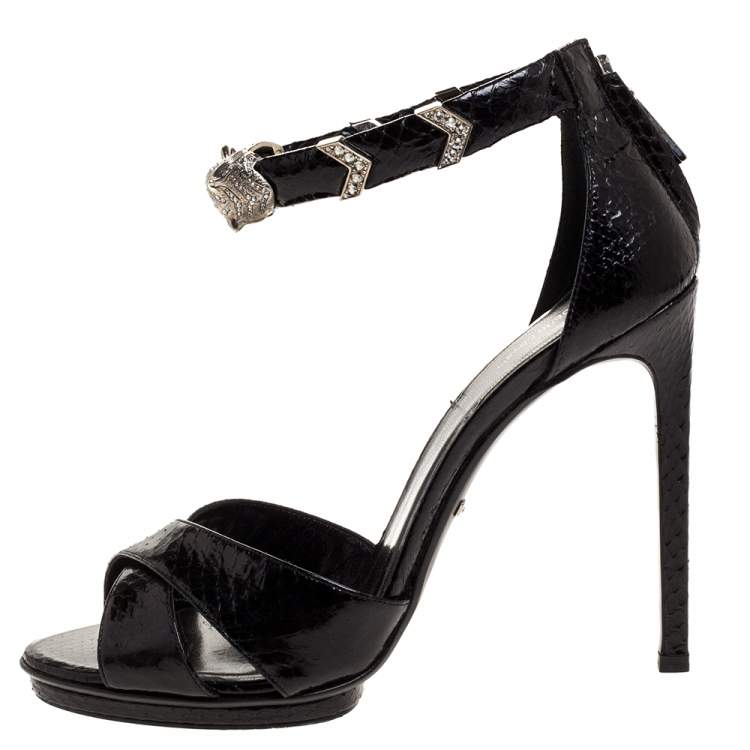 Pre Owned Roberto Cavalli Black Python Crystal Embellished Panther Sandals Size 39