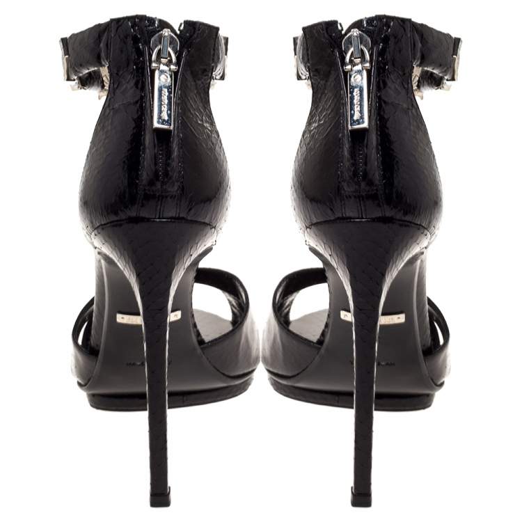 Pre Owned Roberto Cavalli Black Python Crystal Embellished Panther Sandals Size 39