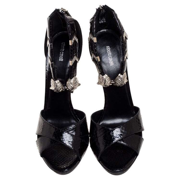 Pre Owned Roberto Cavalli Black Python Crystal Embellished Panther Sandals Size 39