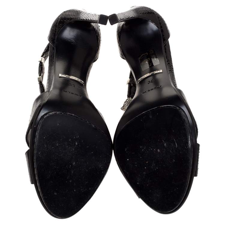 Pre Owned Roberto Cavalli Black Python Crystal Embellished Panther Sandals Size 39