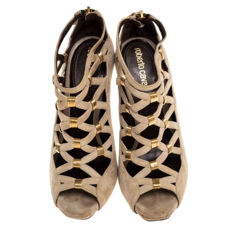 Pre Owned Roberto Cavalli Beige Suede Cage Ankle Boots Size 35.5