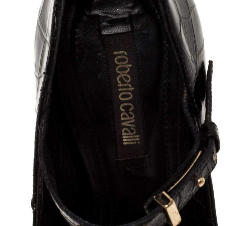 Pre Owned Roberto Cavalli Black Croc Embossed Leather Mary Jane Peep Toe Pumps Size 35.5