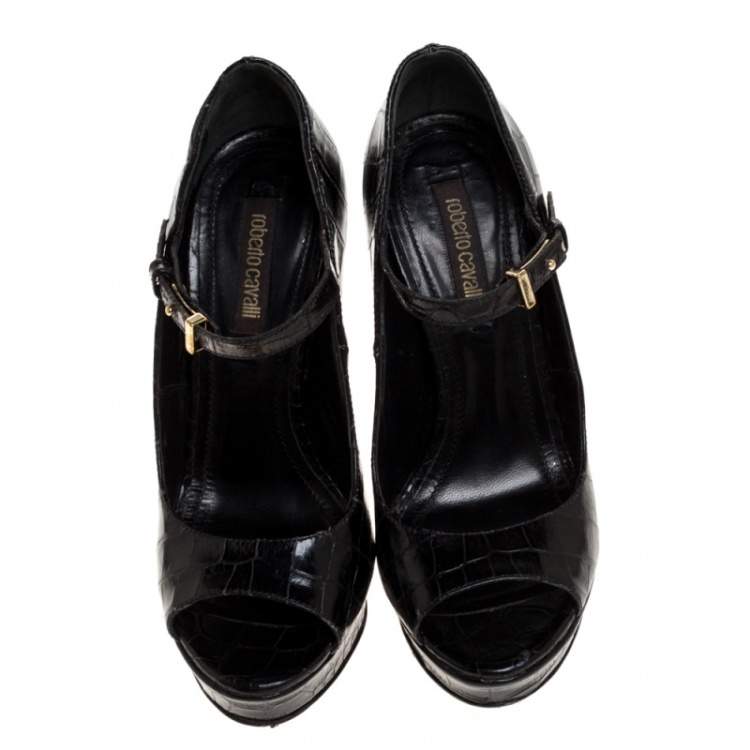 Pre Owned Roberto Cavalli Black Croc Embossed Leather Mary Jane Peep Toe Pumps Size 35.5