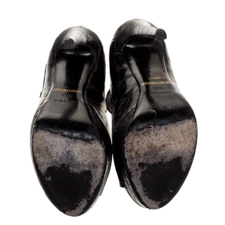 Pre Owned Roberto Cavalli Black Croc Embossed Leather Mary Jane Peep Toe Pumps Size 35.5