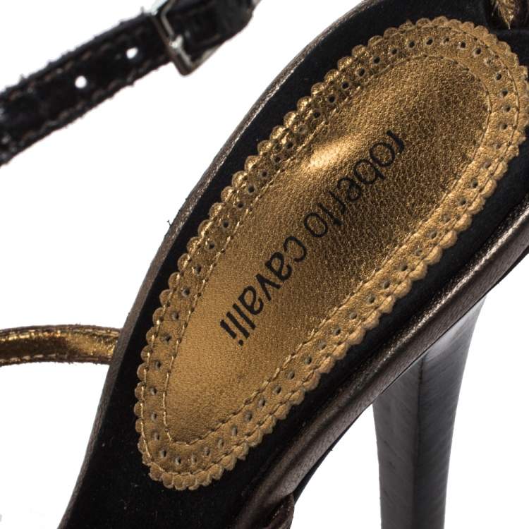 Pre Owned Roberto Cavalli Metallic Bronze/Brown Leather And Python Crystals Embellished Ankle Strap Sandals Size 38.5