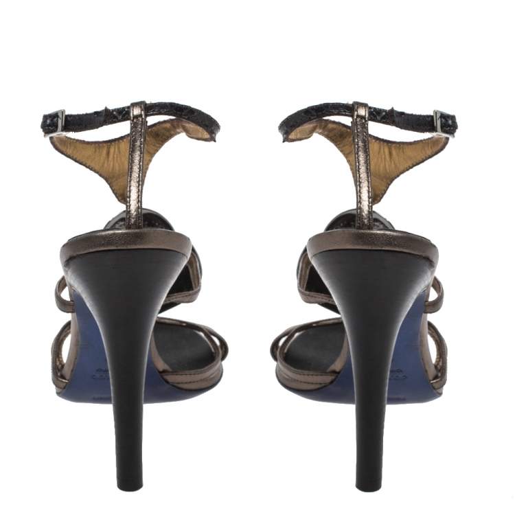 Pre Owned Roberto Cavalli Metallic Bronze/Brown Leather And Python Crystals Embellished Ankle Strap Sandals Size 38.5