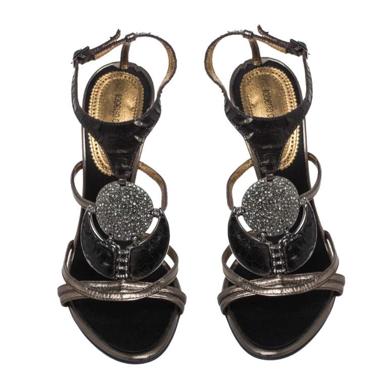 Pre Owned Roberto Cavalli Metallic Bronze/Brown Leather And Python Crystals Embellished Ankle Strap Sandals Size 38.5