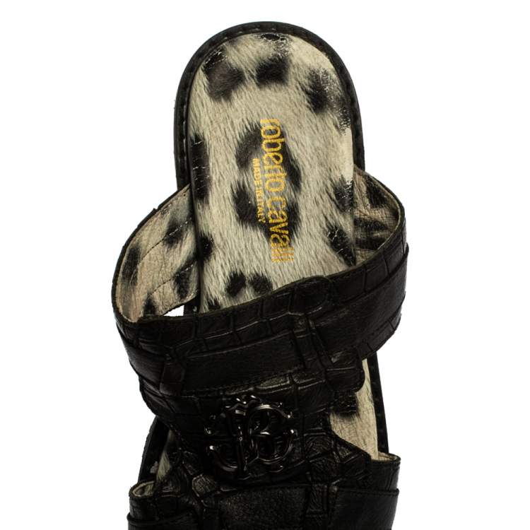 Pre Owned Roberto Cavalli Black Croc Embossed Leather Logo Flat Slide Sandals Size 39