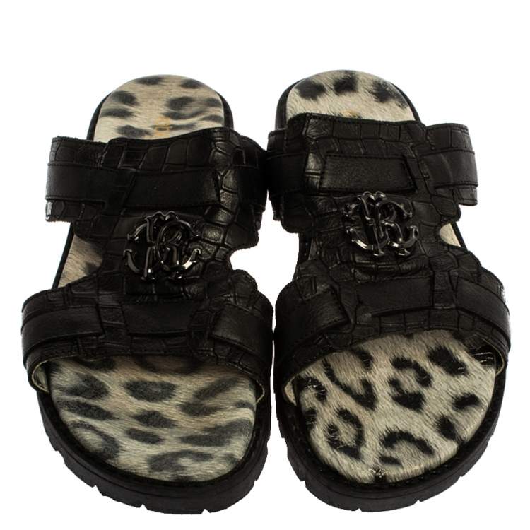 Pre Owned Roberto Cavalli Black Croc Embossed Leather Logo Flat Slide Sandals Size 39