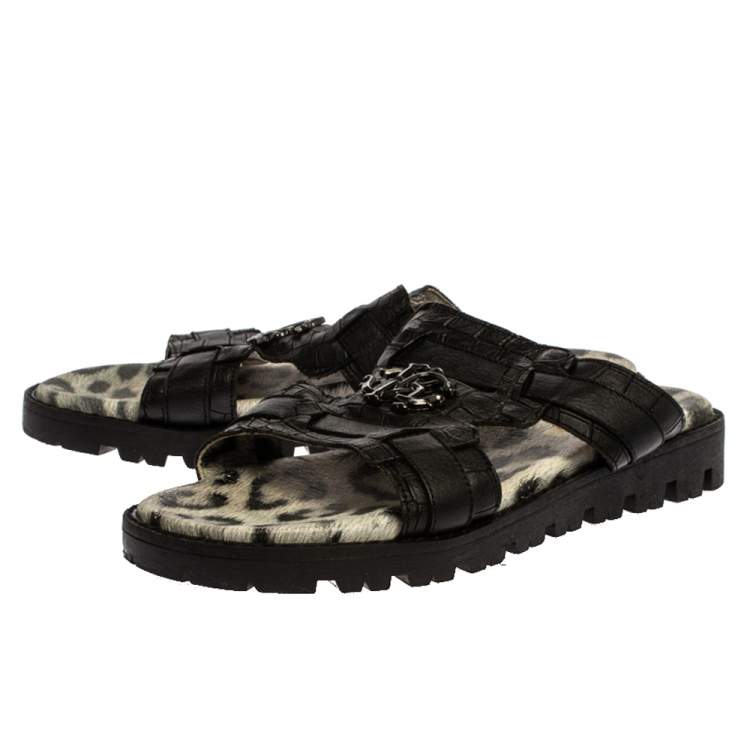 Pre Owned Roberto Cavalli Black Croc Embossed Leather Logo Flat Slide Sandals Size 39
