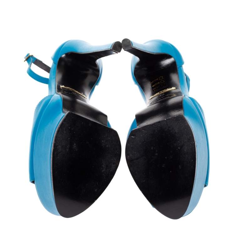 Pre Owned Roberto Cavalli Blue Leather Ankle Strap Platform Sandals Size 36