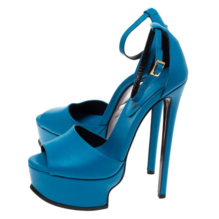 Pre Owned Roberto Cavalli Blue Leather Ankle Strap Platform Sandals Size 36
