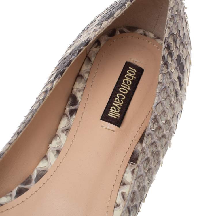 Pre Owned Roberto Cavalli Brown Python Padlock Detail Ballet Flats Size 40