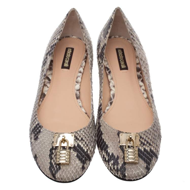 Pre Owned Roberto Cavalli Brown Python Padlock Detail Ballet Flats Size 40