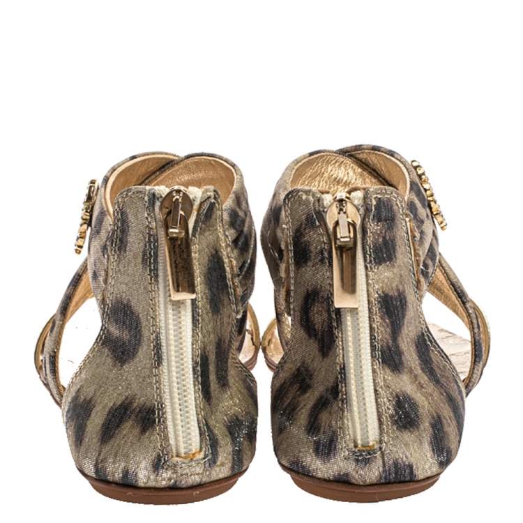 Pre Owned Roberto Cavalli Gold Leopard Print Criss Cross Shimmer Fabric and Leather Crystal Embellished Logo Flat Sandals Size 37