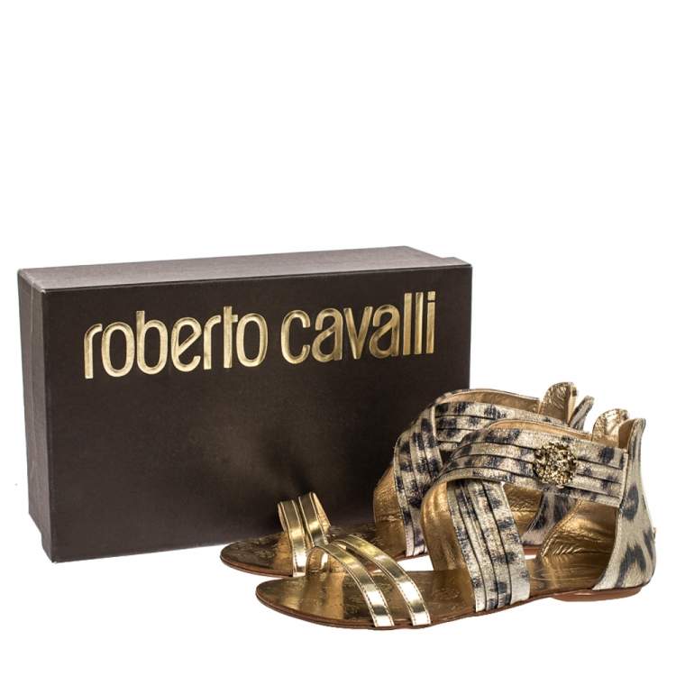 Pre Owned Roberto Cavalli Gold Leopard Print Criss Cross Shimmer Fabric and Leather Crystal Embellished Logo Flat Sandals Size 37