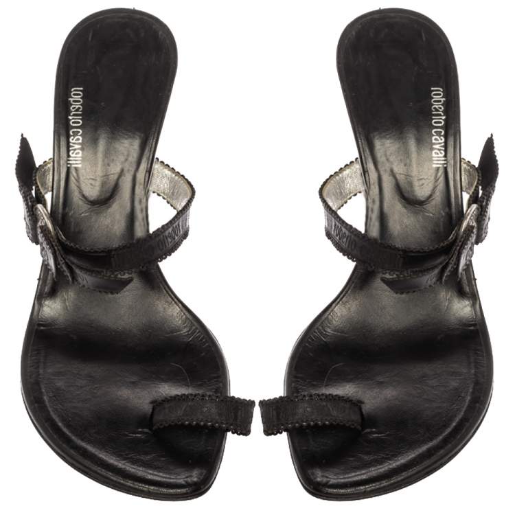 Pre Owned Roberto Cavalli Black Leather Toe Ring Sandals Size 37