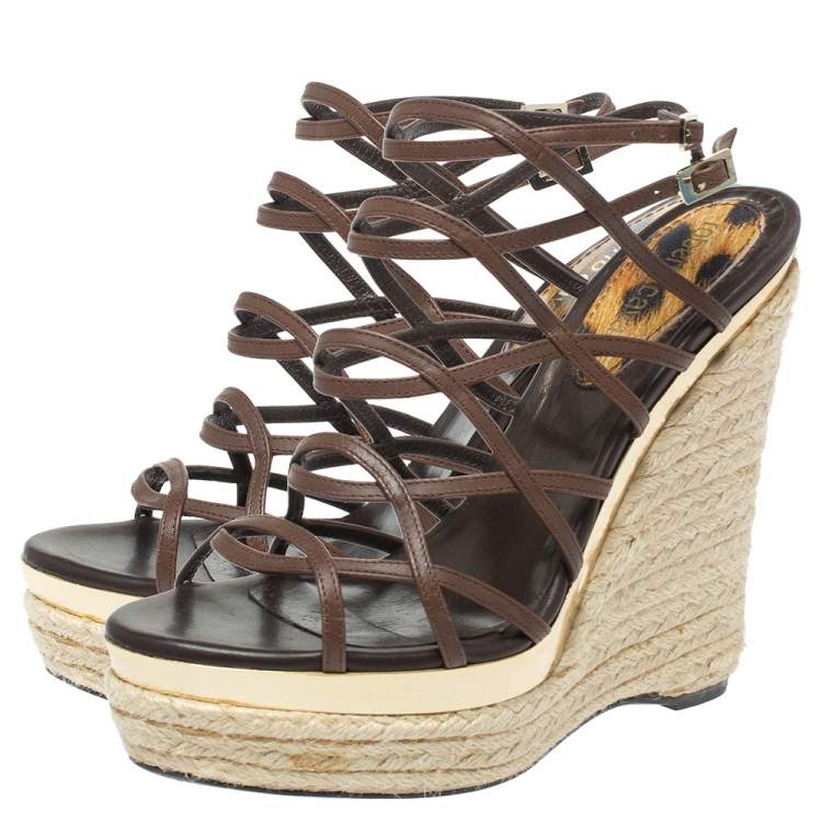 Pre Owned Roberto Cavalli Brown Leather Wedge Platform Espadrille Strappy Sandals Size 35