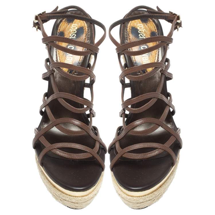 Pre Owned Roberto Cavalli Brown Leather Wedge Platform Espadrille Strappy Sandals Size 35