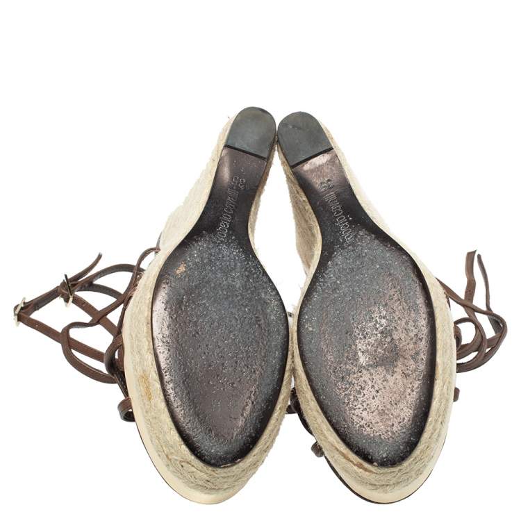 Pre Owned Roberto Cavalli Brown Leather Wedge Platform Espadrille Strappy Sandals Size 35