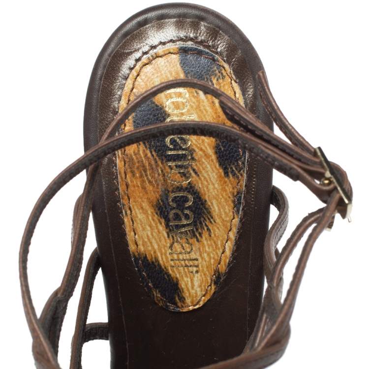 Pre Owned Roberto Cavalli Brown Leather Wedge Platform Espadrille Strappy Sandals Size 35
