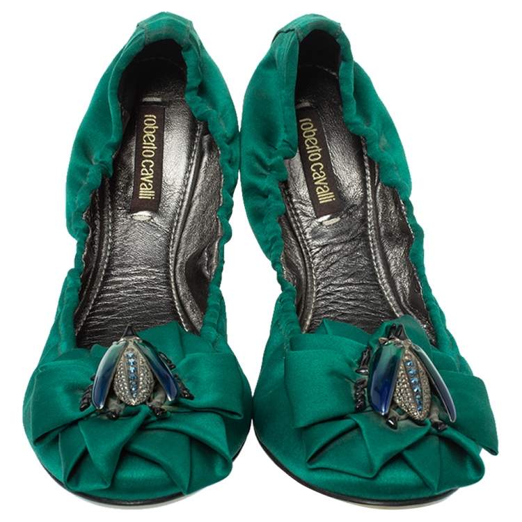 Pre Owned Roberto Cavalli Green Satin Bee Embellished Scrunch Ballet Flats Size 38
