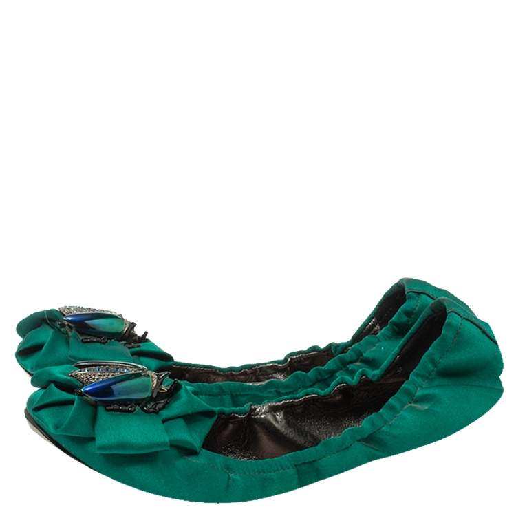 Pre Owned Roberto Cavalli Green Satin Bee Embellished Scrunch Ballet Flats Size 38