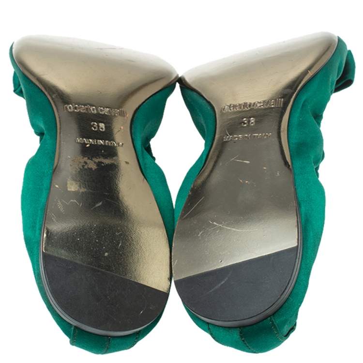 Pre Owned Roberto Cavalli Green Satin Bee Embellished Scrunch Ballet Flats Size 38